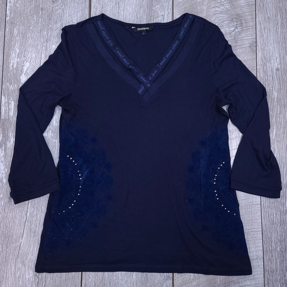Desigual Top Women Small Navy Blue 3/4 Sleeve V-Neck Rhinestone Flocked